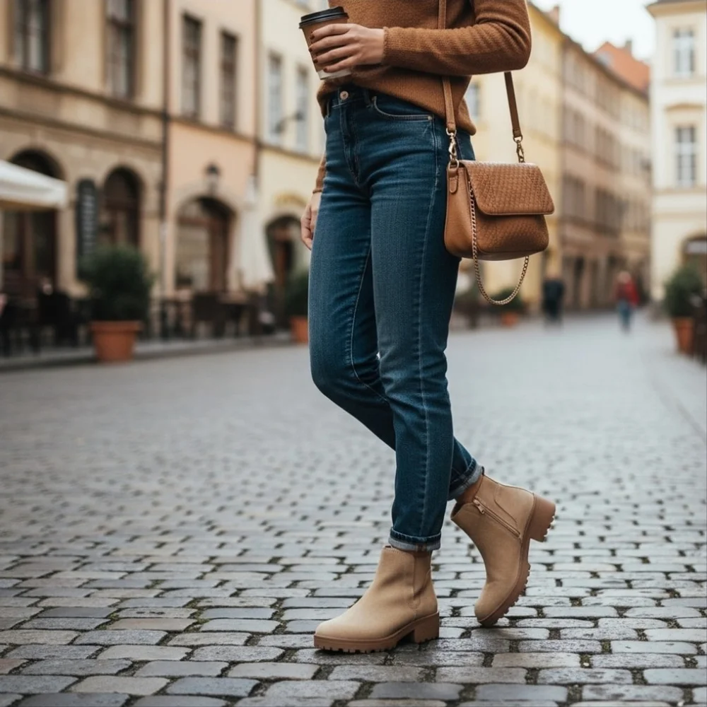 Sun + Stone Faux Microsuede Chelsea Zip On Lug Boots Booties 7.5 M Desert Beige